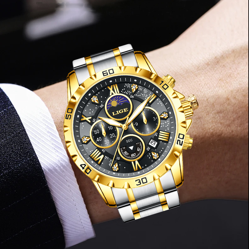 Luxury Watch Moon Phase - Zegarek męski LIGE, luksusowa marka, kwarcowy,