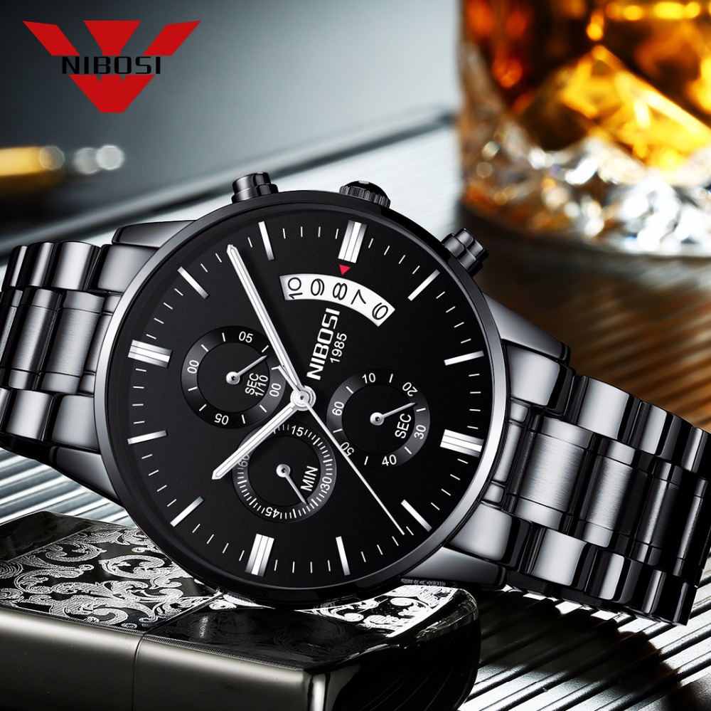 Luxury Watch Top 10 - NIBOSI czarny zegarek kwarcowy ze stali