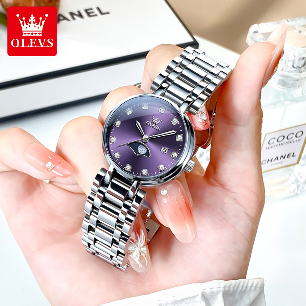 Luxury Watch Moon Phase - OLEVS elegancki modny fioletowy zegarek kwarcowy